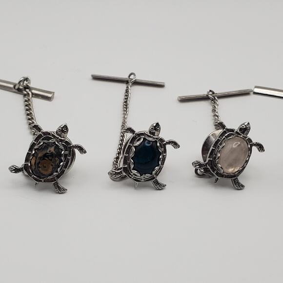 (6) Vtg Silver Tone Stone Cabochon Turtle Tortoise Shaped Tie Tack Chain 1-1/2" - Picture 2 of 7